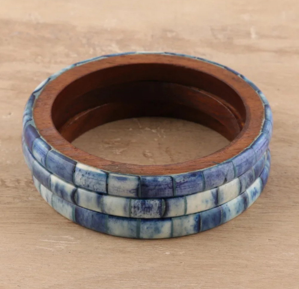 Blue Bone and Mango Wood Bangle Bracelets (Set of 3)